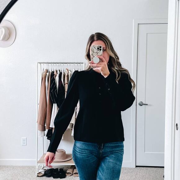 ALC Black Button Front Puff Sleeve Tophe - Picture 11 of 12